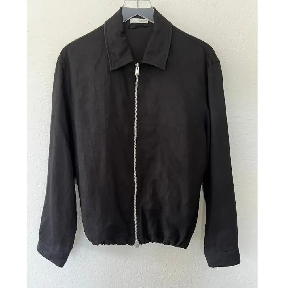 Zara Men's Black 100% Linen Zip-Up Harrington Jacket M Drawstring Hem